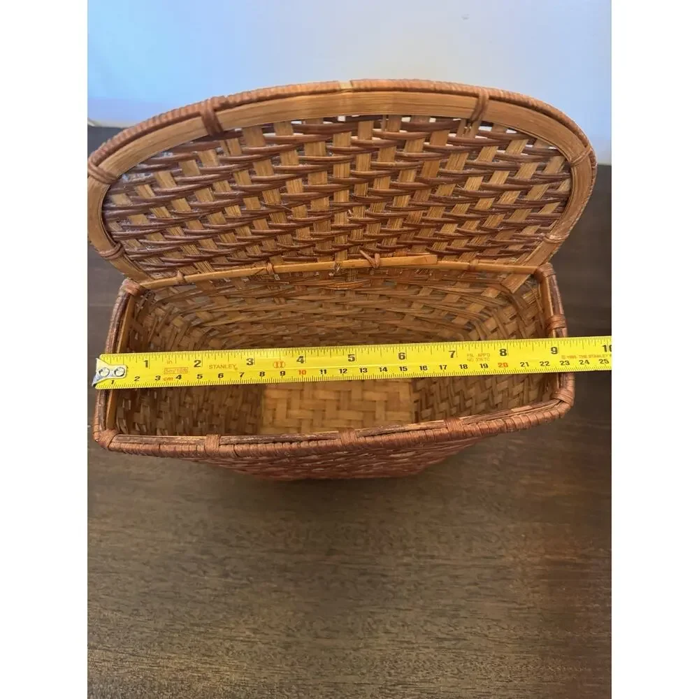 Woven Wicker Basket Two Tone Brown Pocket Flat Back Boho Farmhouse Decor Storage